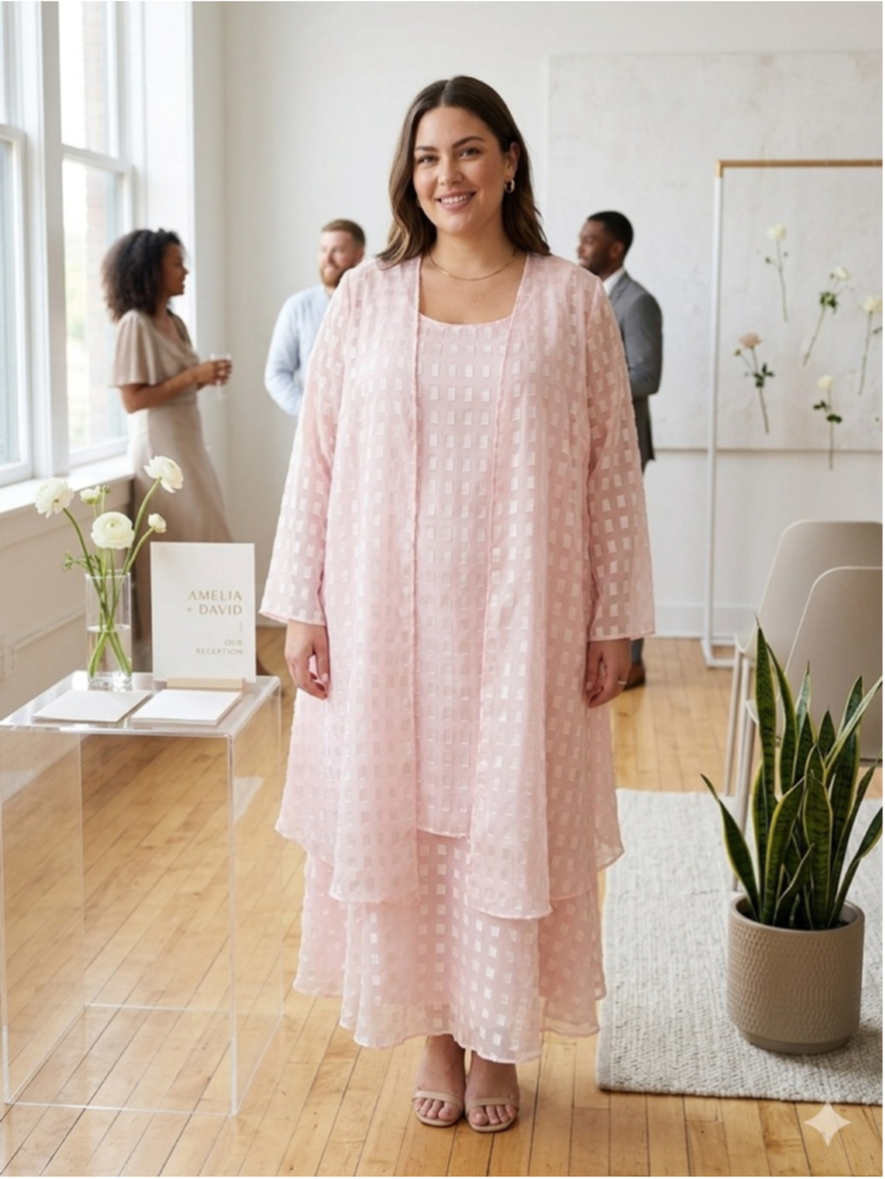 Roaman’s Vintage 2 Pc Dress Set 18W Pink Textured Sheer Duster Jacket Lined Midi